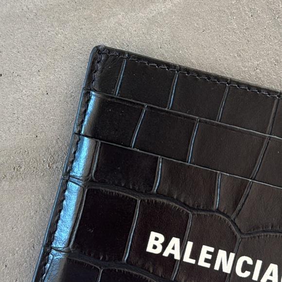 Balenciaga Logo Croc Embossed Leather Card Case Black